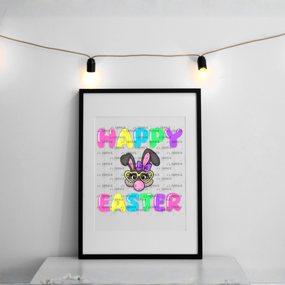 Happy Easter Bunny Bubblegum Rainbow Glitter Letters Clipart Sublimation PNG