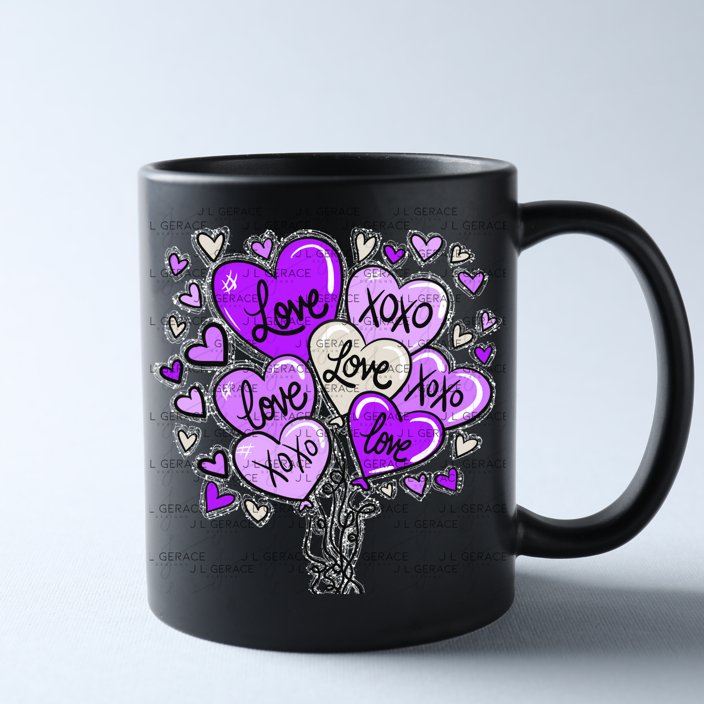 Purple Love & XOXO Heart Balloon Bouquet with Glitter String Outline PNG