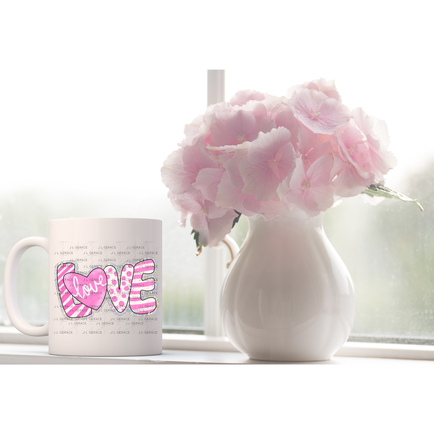 Glitter Outline Love Word PNG with Heart – Pink Mixed Pattern Design