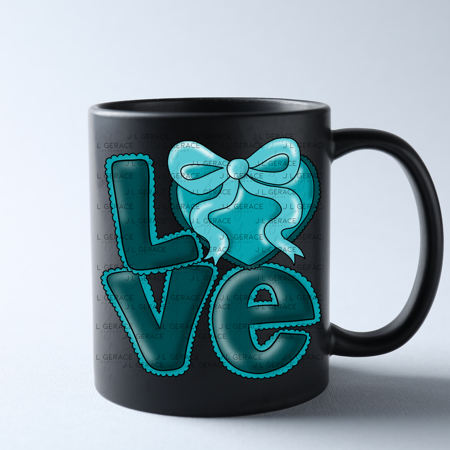 Dark Teal Love Bubble Letter PNG with Bow Accent Black outline Design