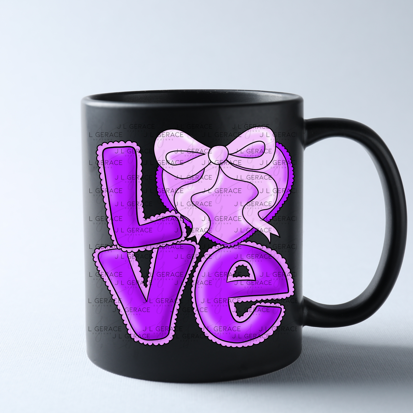 Purple Love Bubble Letter PNG with Bow Accent Black Outline Design