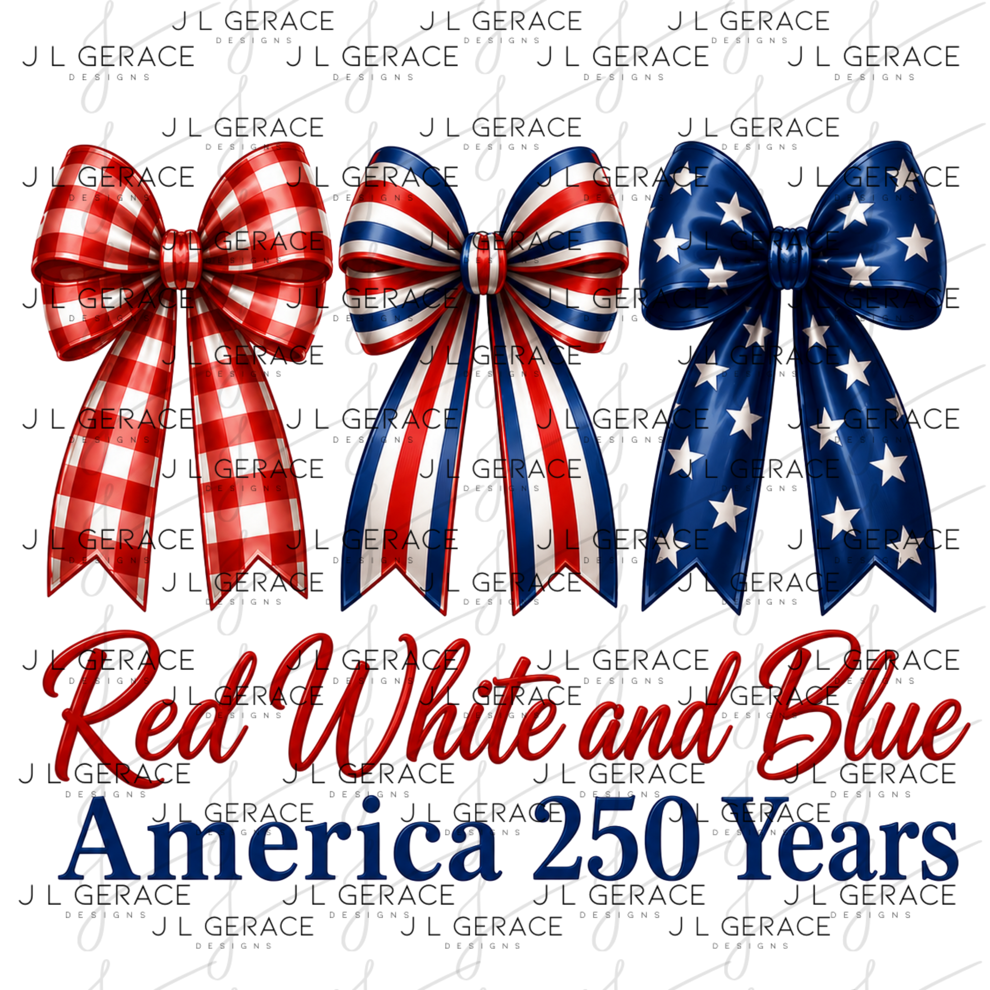 Red white and blue bow trio with america 250 years lettering.