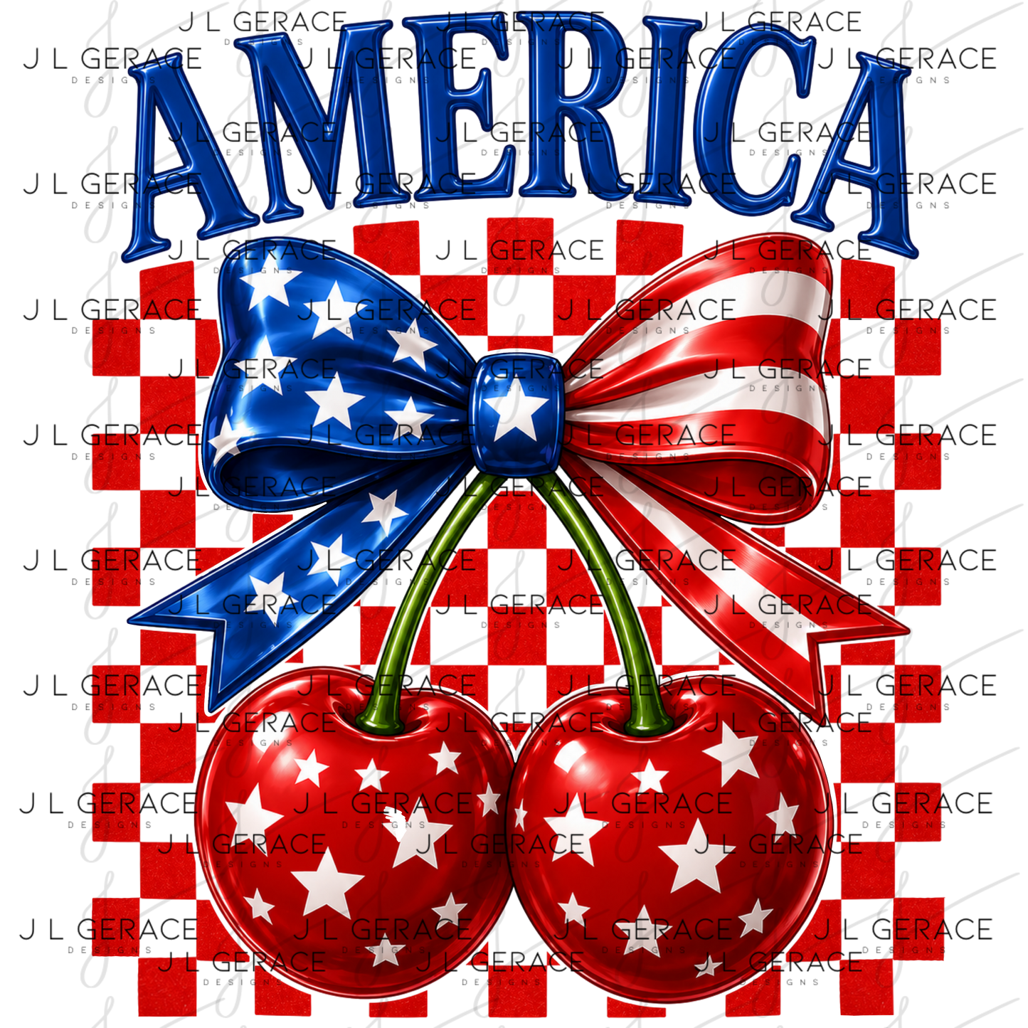 Glossy patriotic cherry design with american flag bow, stars, red checkerboard background and america lettering.