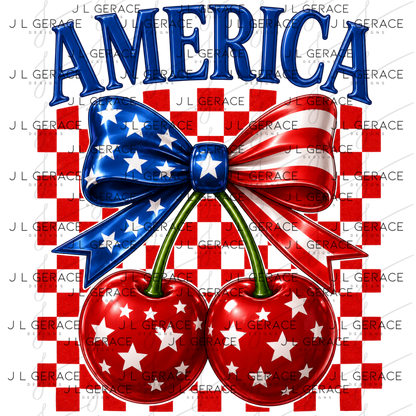 Glossy patriotic cherry design with american flag bow, stars, red checkerboard background and america lettering.