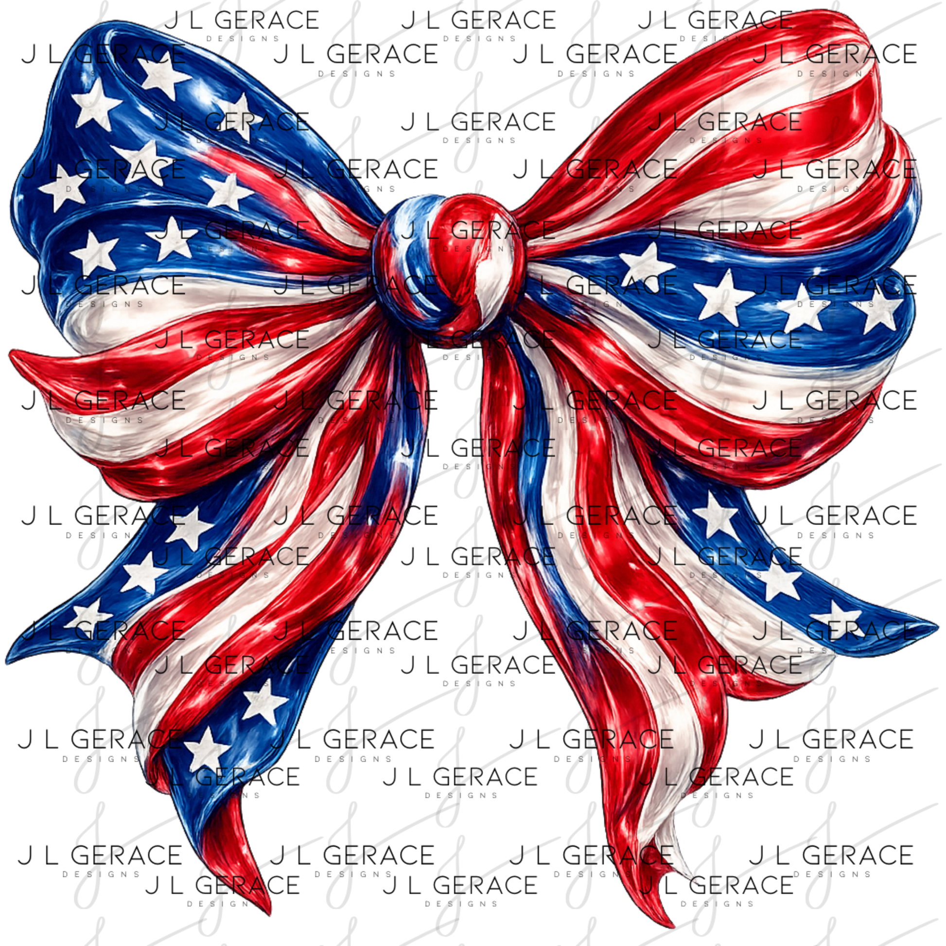 Large glossy patriotic bow with stars and stripes in red white and blue.