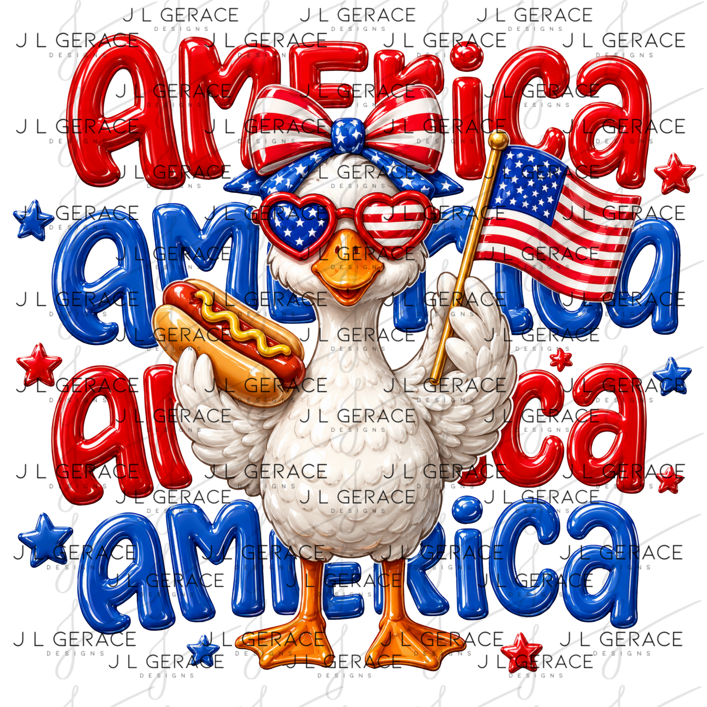 Funny patriotic goose wearing american flag sunglasses and bow while holding a hot dog and flag.