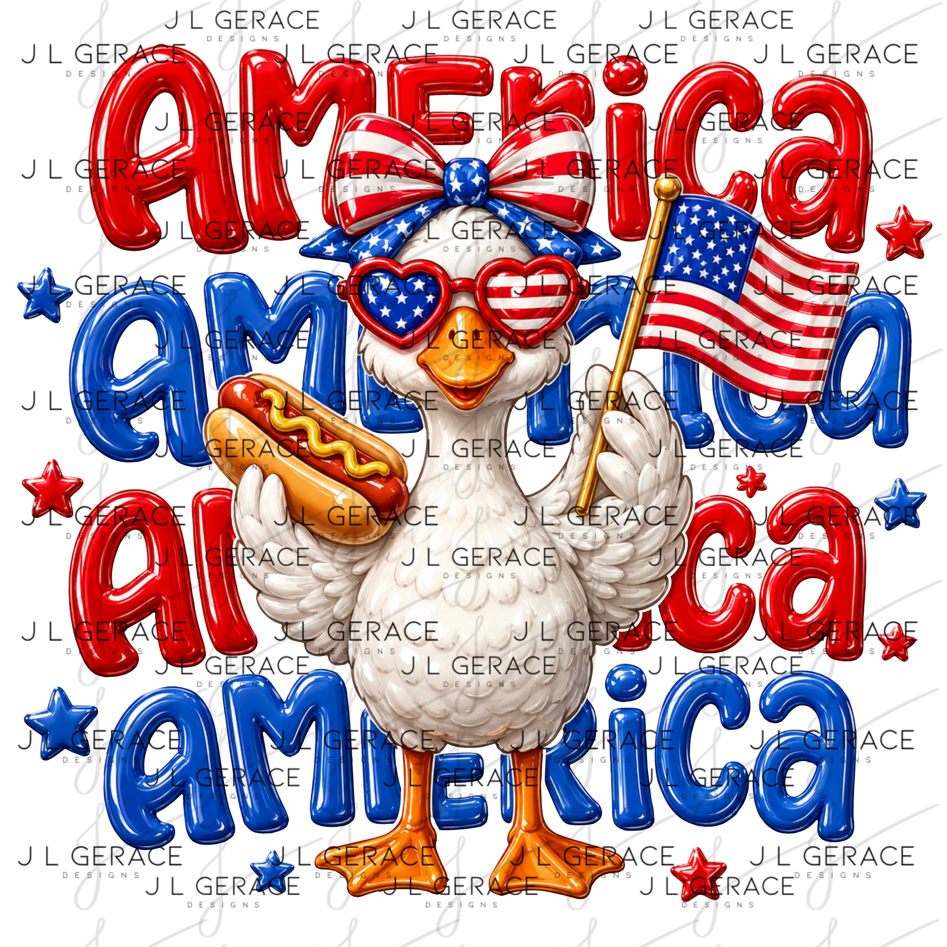 Funny patriotic goose wearing american flag sunglasses and bow while holding a hot dog and flag.