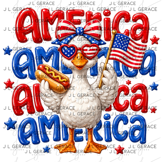 Funny patriotic goose wearing american flag sunglasses and bow while holding a hot dog and flag.