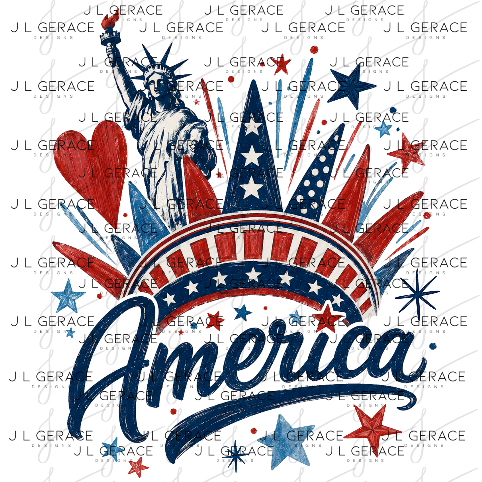 Patriotic statue of liberty design with fireworks, stars, heart, red white and blue accents and america lettering.