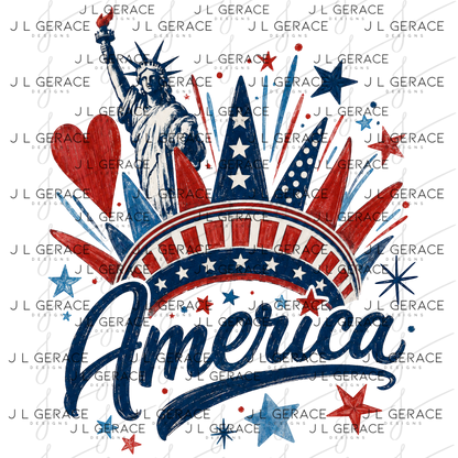 Patriotic statue of liberty design with fireworks, stars, heart, red white and blue accents and america lettering.