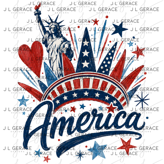 Patriotic statue of liberty design with fireworks, stars, heart, red white and blue accents and america lettering.