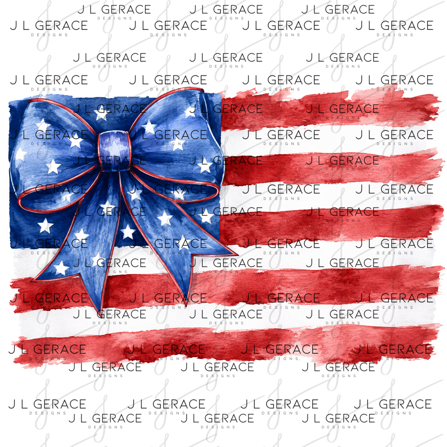 Watercolor american flag with blue star bow and soft painted red and white stripes.