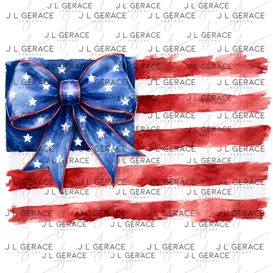 Watercolor american flag with blue star bow and soft painted red and white stripes.