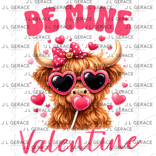 Be Mine Valentine Highland Cow PNG – Cute Valentine Cow with Sunglasses