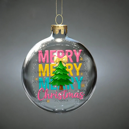 Glossy Merry Merry Merry Christmas PNG – Pink, Yellow & Teal Lettering with Tree & Bow