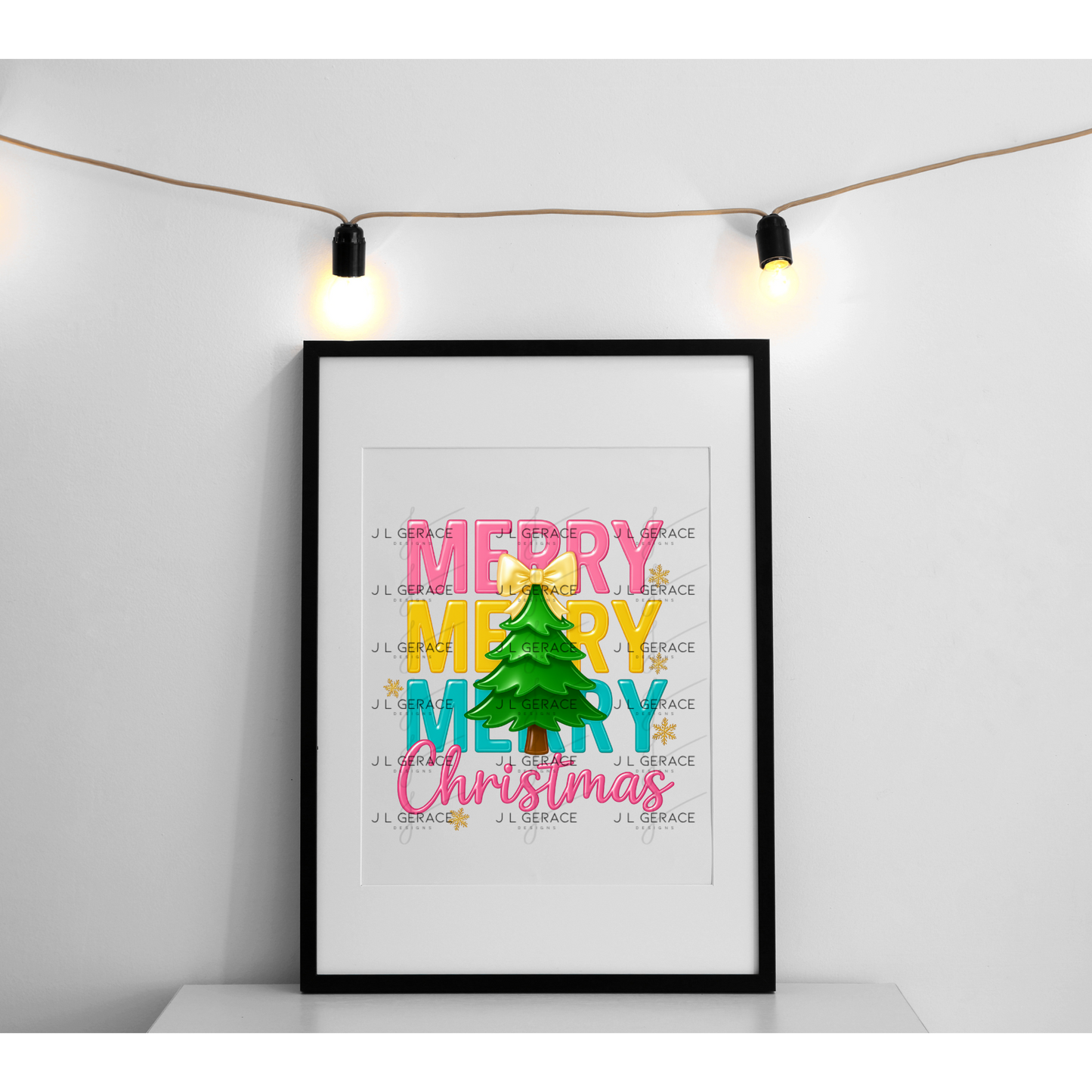 Glossy Merry Merry Merry Christmas PNG – Pink, Yellow & Teal Lettering with Tree & Bow