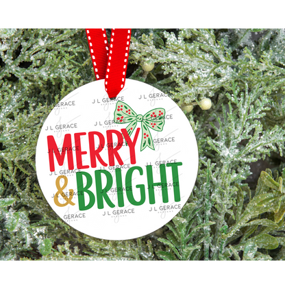 Merry & Bright Christmas Bow PNG – Red & Green Holiday Lettering