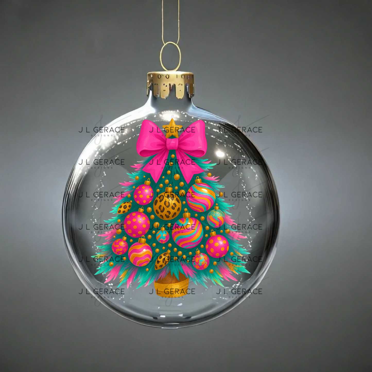 Bright Leopard Ornament Christmas Tree PNG Clipart – Glossy Pink Bow Holiday Design