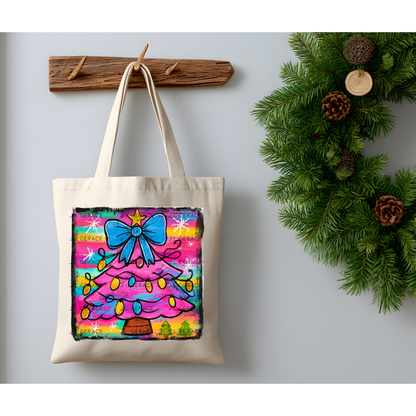 Pink Christmas Tree PNG Clipart – Blue Bow & Colorful Lights Holiday Art