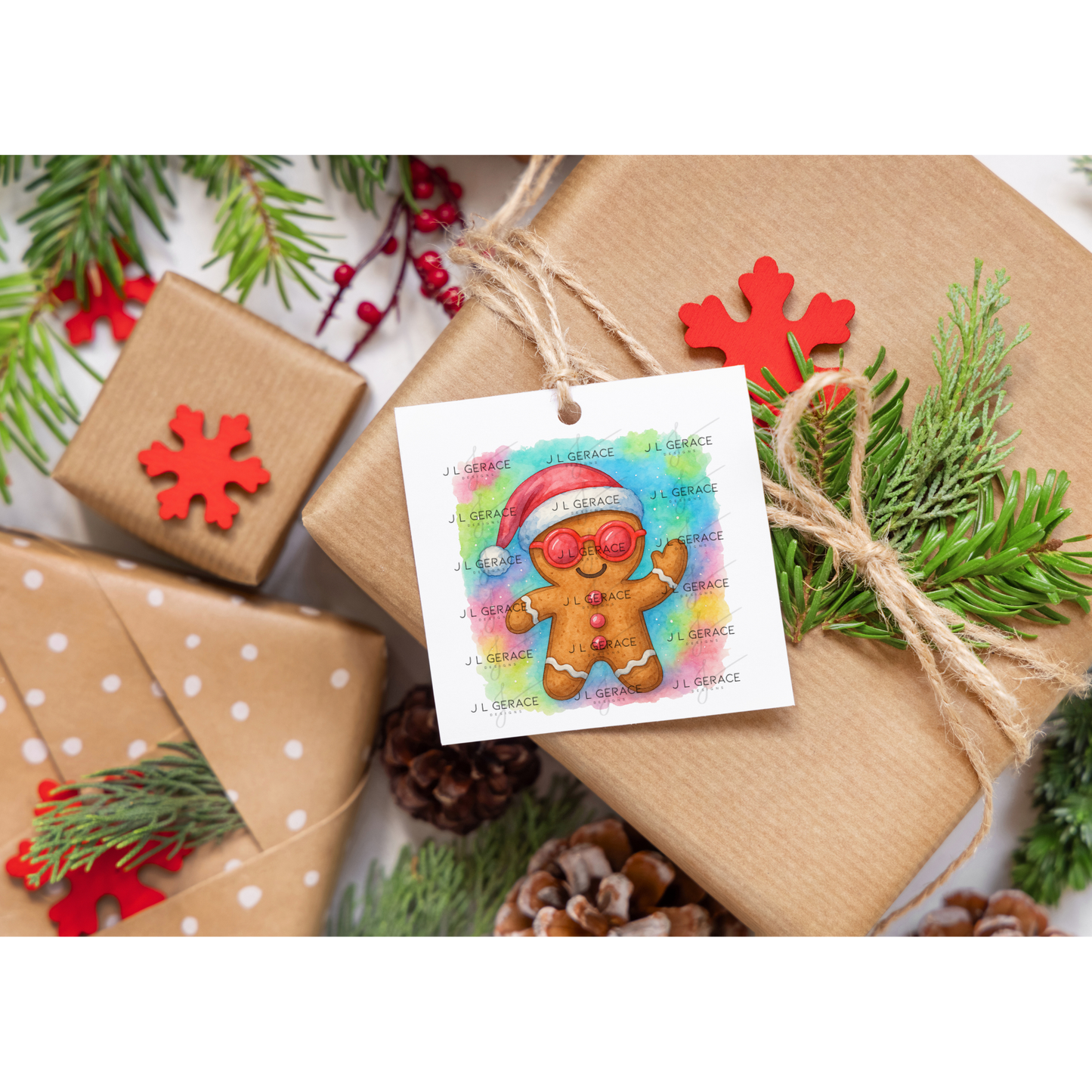 Watercolor Gingerbread Man PNG – Santa Hat & Pink Sunglasses Christmas Clipart