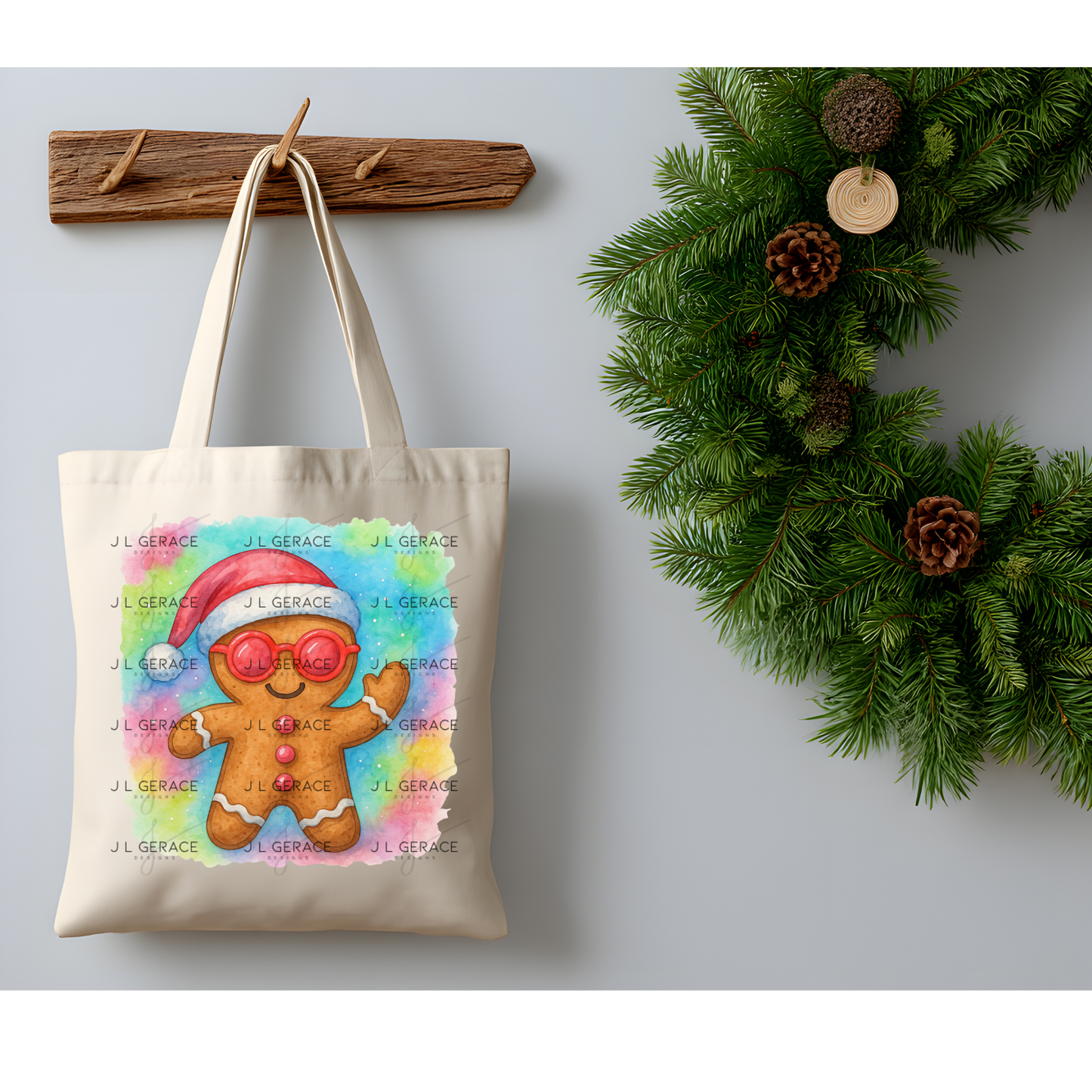 Watercolor Gingerbread Man PNG – Santa Hat & Pink Sunglasses Christmas Clipart