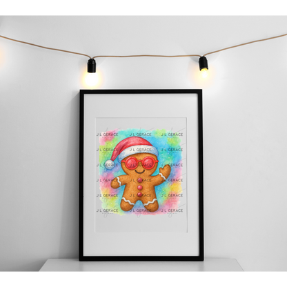 Watercolor Gingerbread Man PNG – Santa Hat & Pink Sunglasses Christmas Clipart