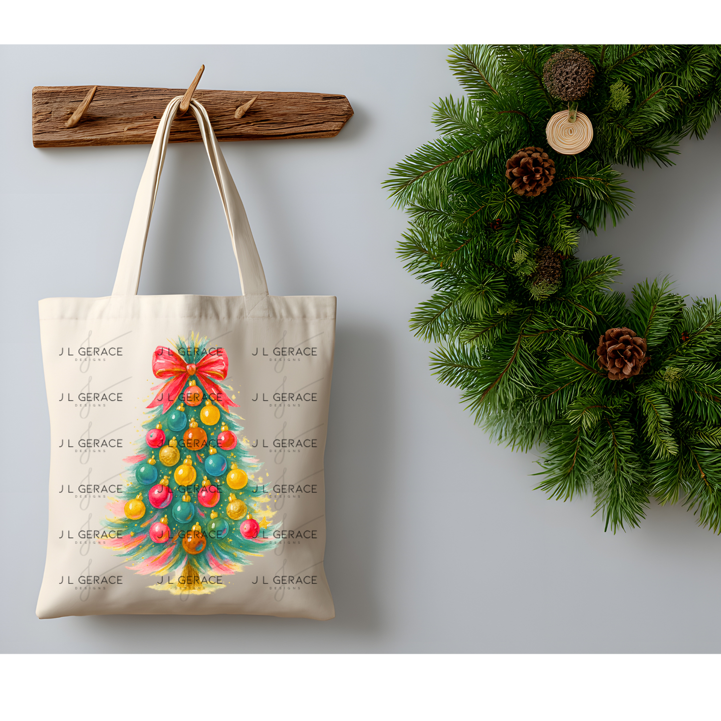 Watercolor Christmas Tree PNG – Red Bow Pastel Ornament Clipart