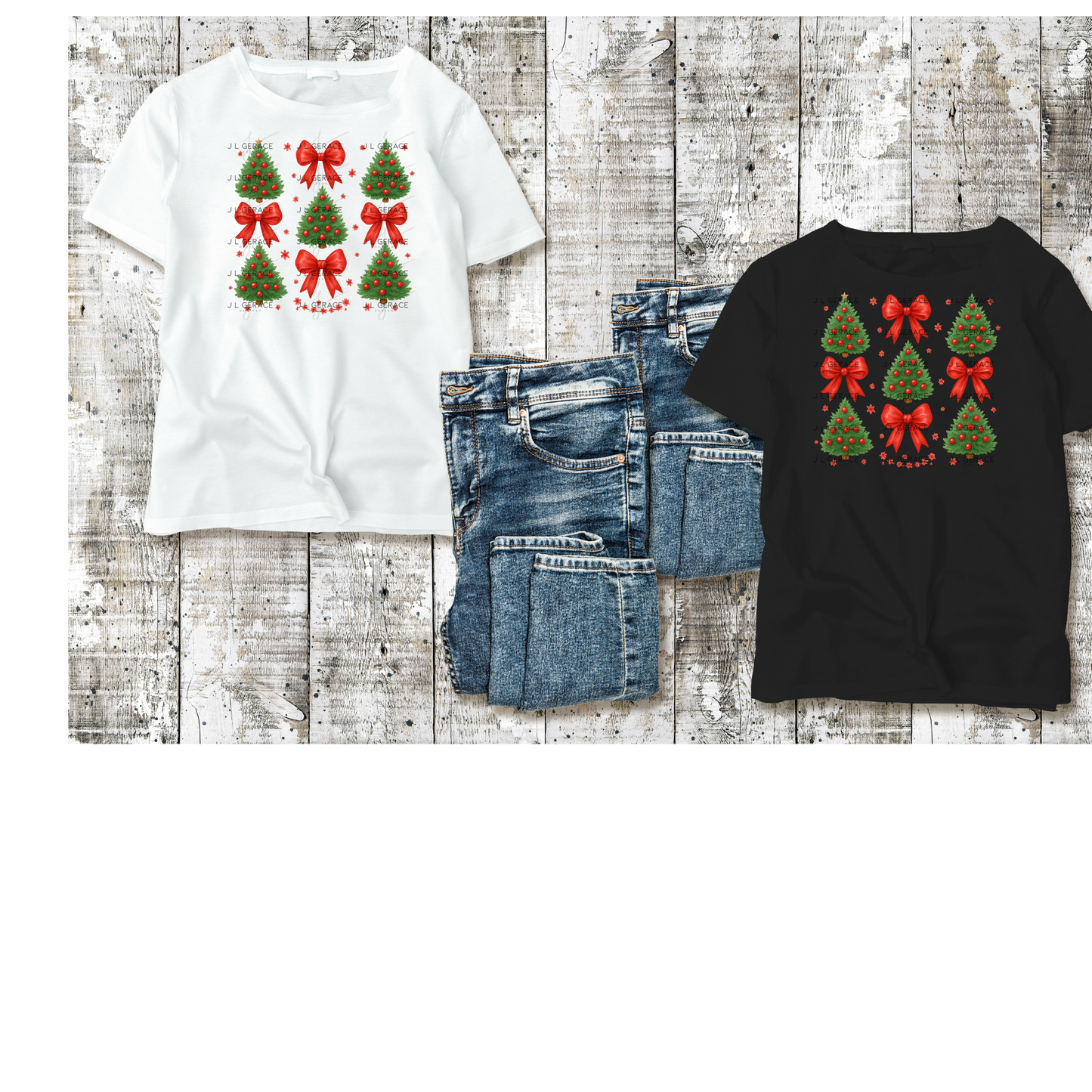Red Bow Christmas Tree PNG Clipart Set – Traditional Holiday Tree Elements