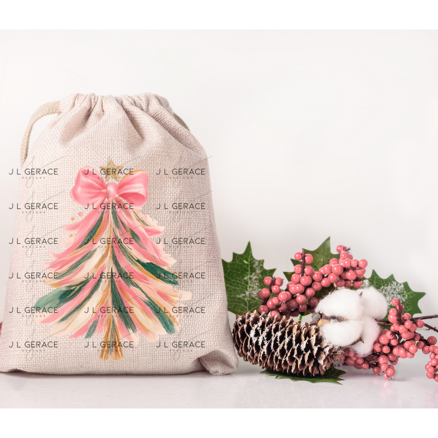 Pink Brushstroke Christmas Tree PNG – Bow & Star Holiday Clipart