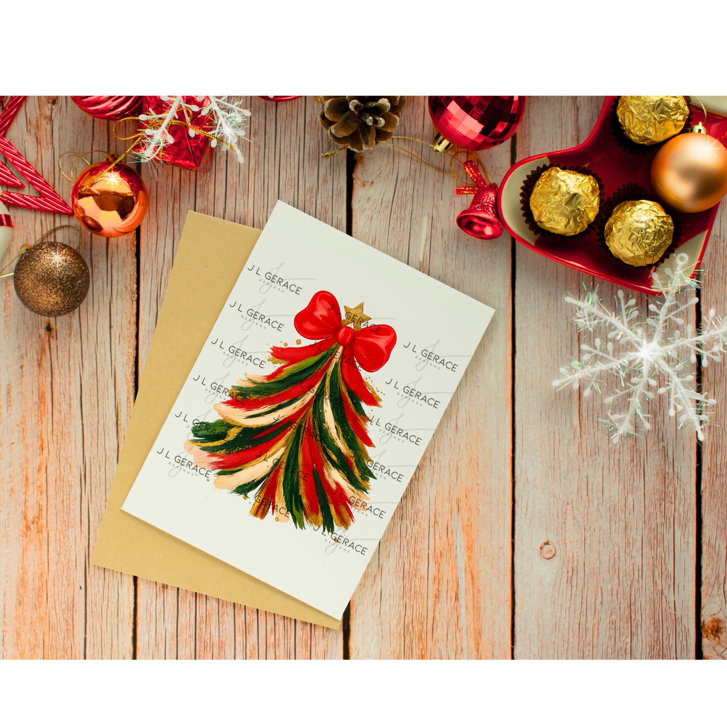 Red Green Gold Brushstroke Christmas Tree PNG – Red Bow Holiday Clipart