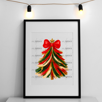 Red Green Gold Brushstroke Christmas Tree PNG – Red Bow Holiday Clipart