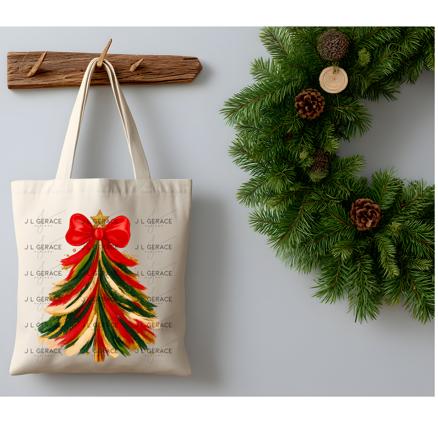 Red Green Gold Brushstroke Christmas Tree PNG – Red Bow Holiday Clipart