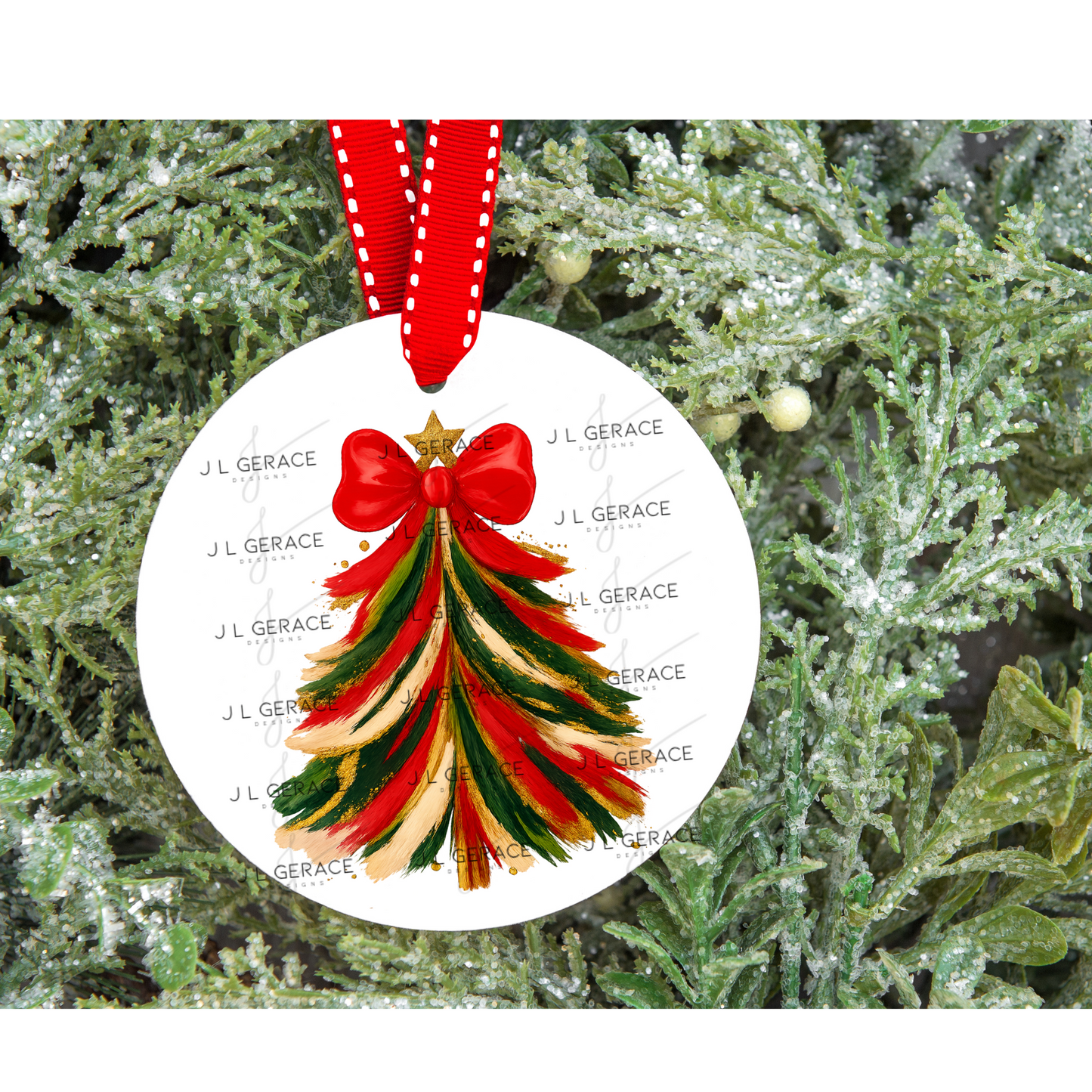 Red Green Gold Brushstroke Christmas Tree PNG – Red Bow Holiday Clipart