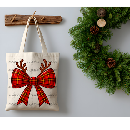 Reindeer Plaid Christmas Bow PNG Clipart – Glossy Holiday Ribbon Design
