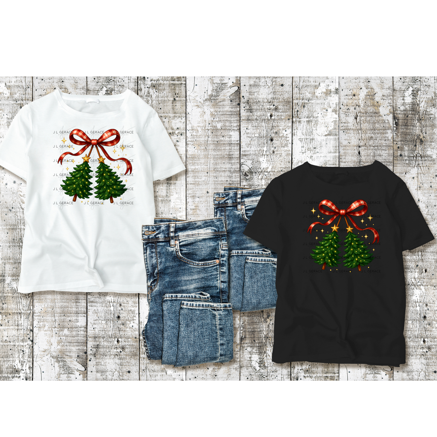 Christmas Bow & Tree Duo PNG Clipart – Glossy Holiday Ribbon and Tree Design