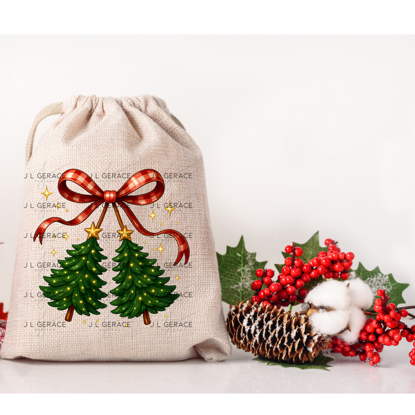 Christmas Bow & Tree Duo PNG Clipart – Glossy Holiday Ribbon and Tree Design