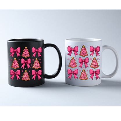 Pink Christmas Tree Cookie & Bow PNG Clipart Set – Glossy Holiday Elements