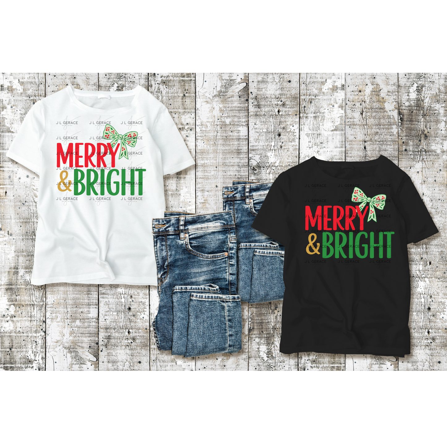 Merry & Bright Christmas Bow PNG – Red & Green Holiday Lettering
