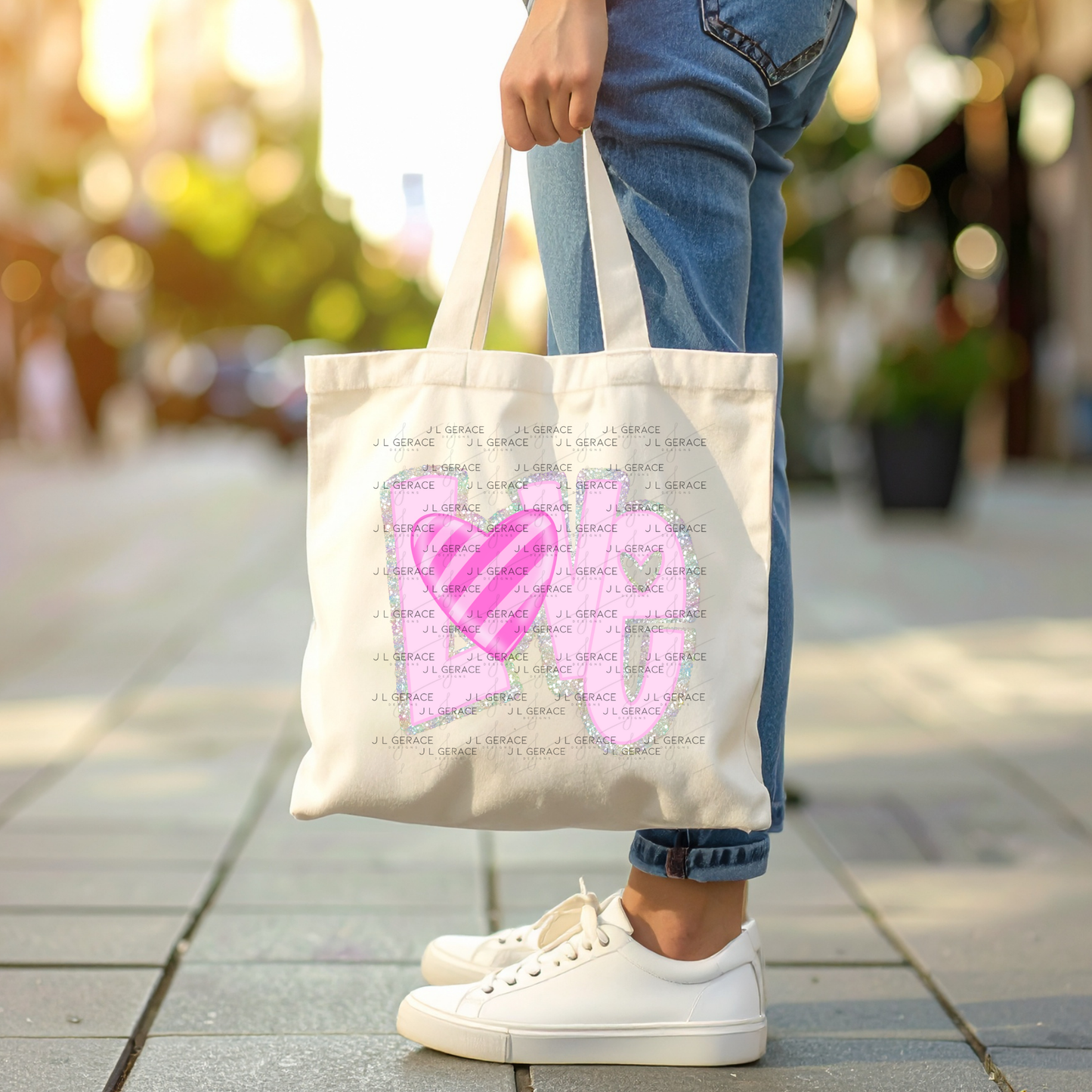 Pink Chunky Glitter with striped heart LOVE Valentine PNG