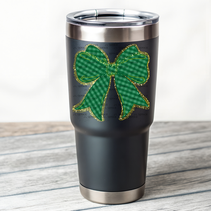 Green Gingham Bow PNG Gold String Glitter Outline St Patricks Day Sublimation Digital Download