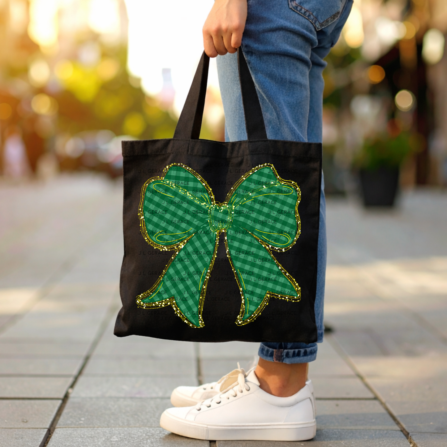 Green Gingham Bow PNG Gold String Glitter Outline St Patricks Day Sublimation Digital Download