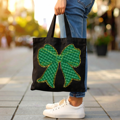Green Gingham Bow PNG Gold String Glitter Outline St Patricks Day Sublimation Digital Download