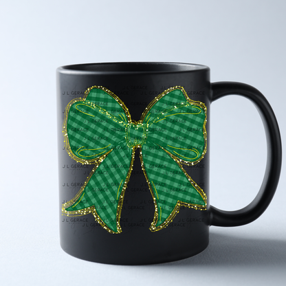 Green Gingham Bow PNG Gold String Glitter Outline St Patricks Day Sublimation Digital Download