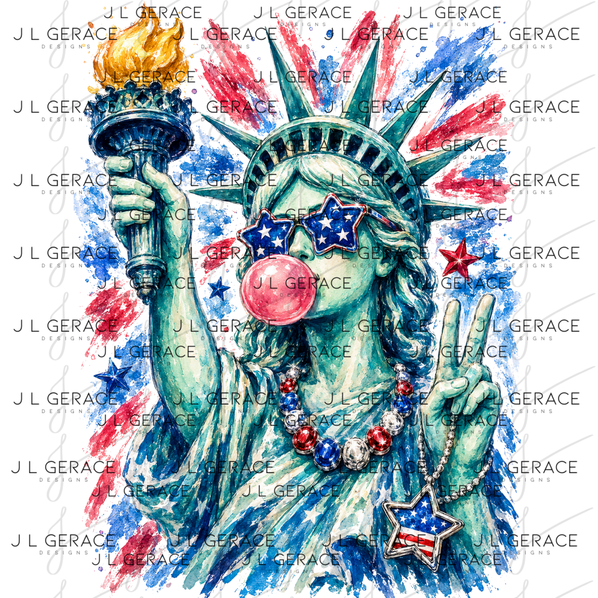 Watercolor statue of liberty wearing star sunglasses, chewing bubblegum and holding up a peace sign.