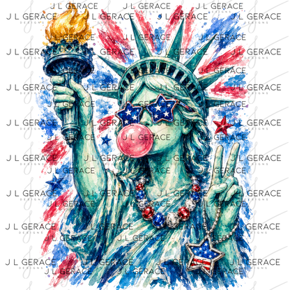 Watercolor statue of liberty wearing star sunglasses, chewing bubblegum and holding up a peace sign.