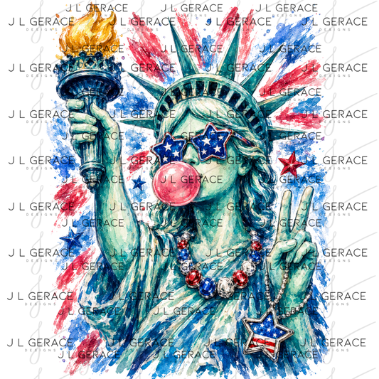 Watercolor statue of liberty wearing star sunglasses, chewing bubblegum and holding up a peace sign.