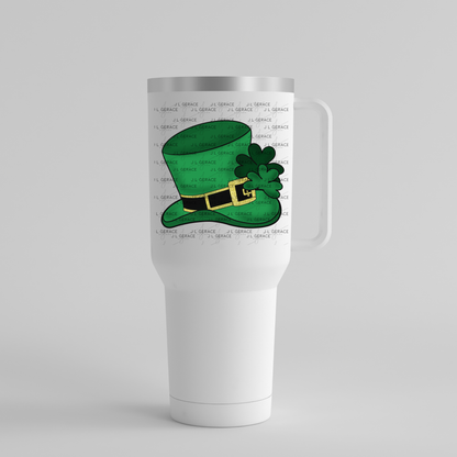 St Patrick Leprechaun Hat PNG – Green Top Hat with Shamrock and Gold Glitter Buckle