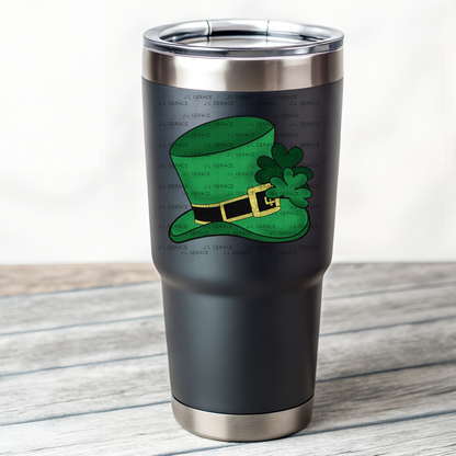 St Patrick Leprechaun Hat PNG – Green Top Hat with Shamrock and Gold Glitter Buckle