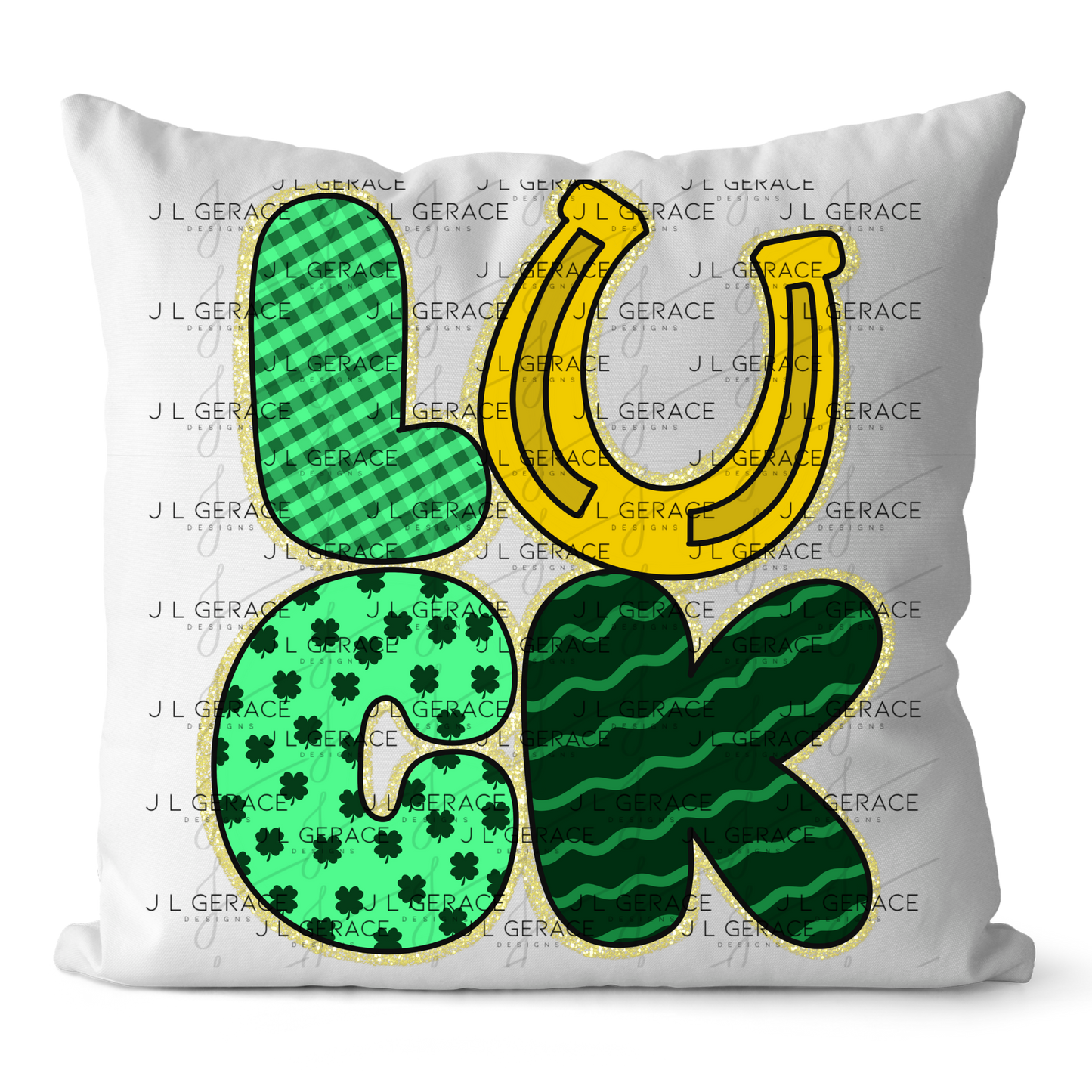 Lucky St Patricks Day PNG Gold Glitter Outline Shamrock Horseshoe Digital Download