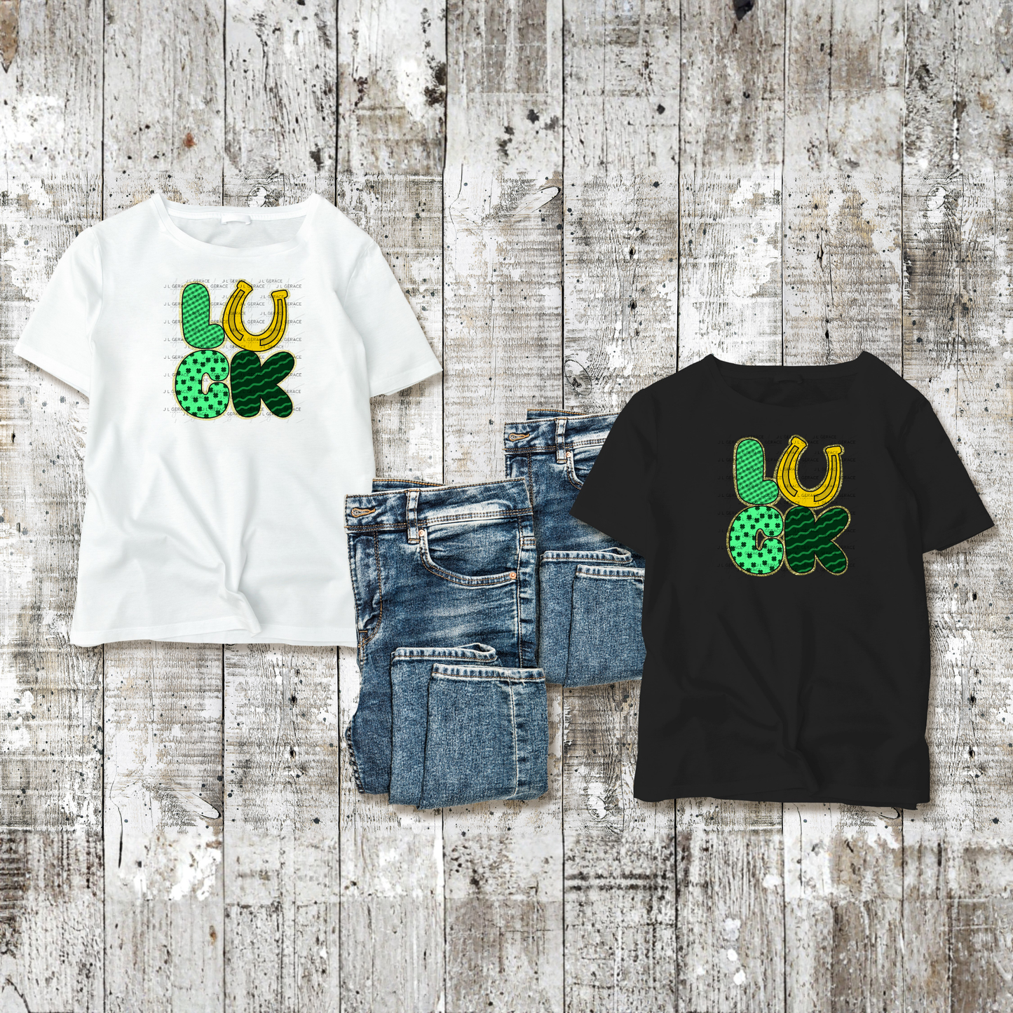 Lucky St Patricks Day PNG Gold Glitter Outline Shamrock Horseshoe Digital Download